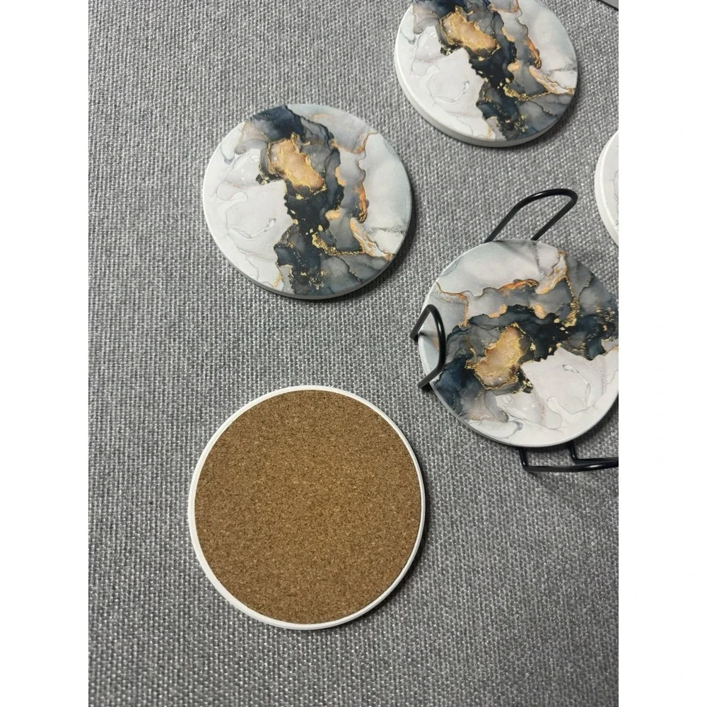 Gray, Blue, Gold Marble Round Coasters With Holder Set Of 6 Absorbs Moisture Set